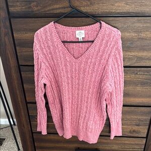 Pink Cable Knit V-Neck Sweater